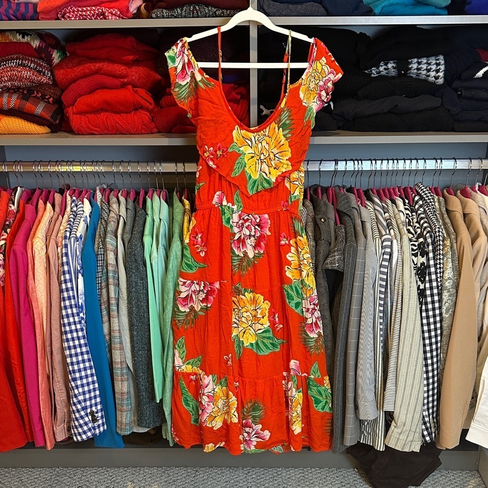 Old Navy red floral adjustable strap elastic waistband midi dress size S